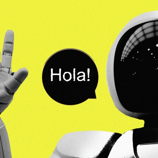 A robot is making a rock hand gesture with the word hola.