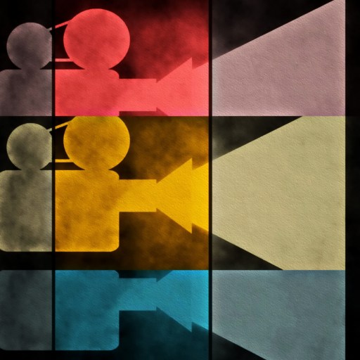 Abstract film strip design featuring geometric shapes and silhouettes in a multicolored grid pattern, evoking artistic expression and creative filmography.