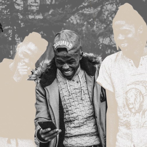 Three men looking at a smartphone and laughing, embodying everyday philosophy, with two faded figures and a sketch of a thinker with a question mark.