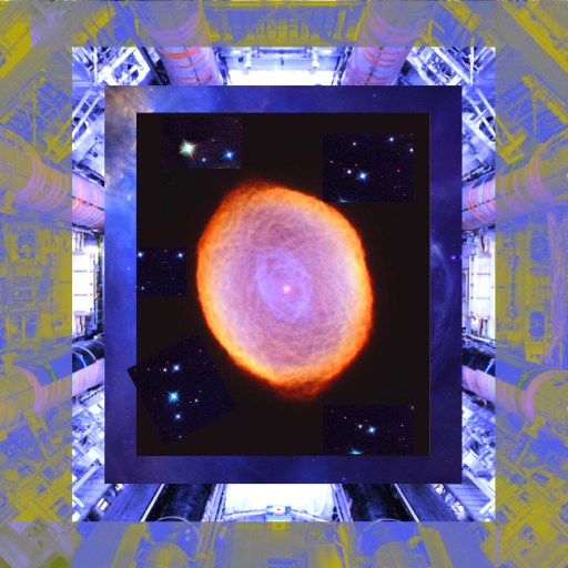 A digital image of a star's structure superimposed on a futuristic tunnel with neon arrow accents.