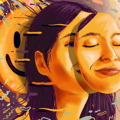 Illustration of a young woman with closed eyes, smiling, next to a large, detailed eye and surrounded by vibrant, abstract elements and smiley faces.