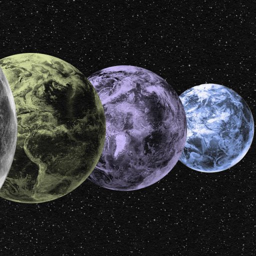 Four earth-like planets from a multiverse, in varying colors, aligned in space against a starry background.