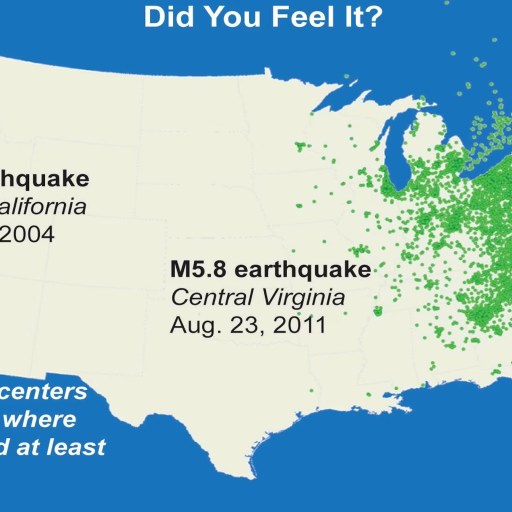 Map of the united states indicating earthquake epicenters and areas where people reported feeling at least weak shaking, highlighting a magnitude 6.0 earthquake in central california on september 28, 2004, and a magnitude 5.8 earthquake in central virginia on august 23, 2011.