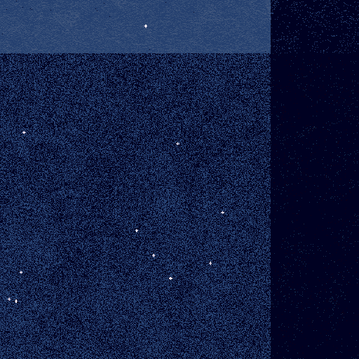 A minimalistic graphic depicting dual shades of blue, segmented horizontally, with small white dots scattered throughout, resembling a starry night sky.