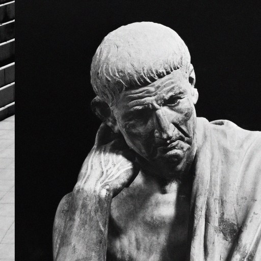 Black and white image of a stone statue depicting an elderly man in thoughtful pose, positioned against geometric building lines, symbolizing generous leaders.