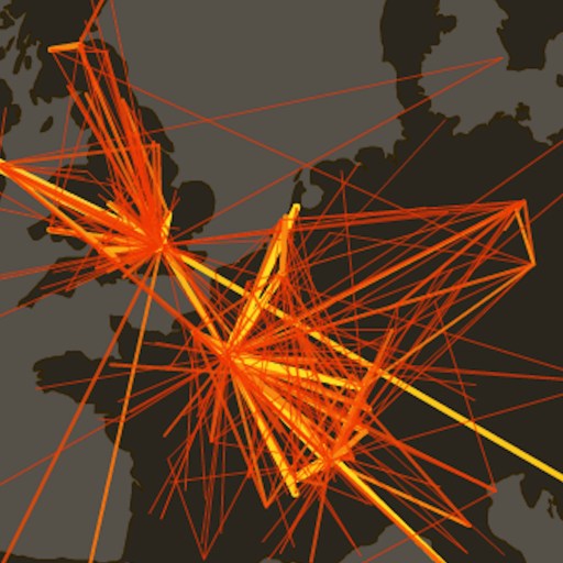 A graphical representation of network connections superimposed on a dark map, highlighting major nodes with bright orange and yellow lines.