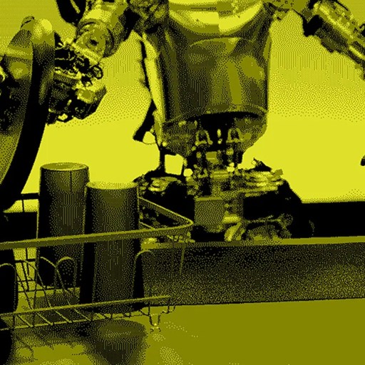 Two robotic arms sorting cans into a wire basket on a yellow background.