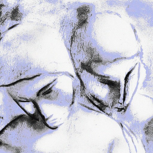 Abstract monochrome sketch of two figures, one with head bowed and the other looking downward, conveying a contemplative or somber mood, suggestive of the Chiron effect.