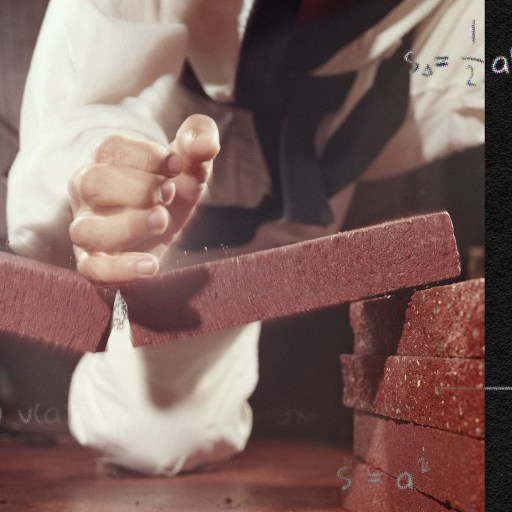 A person in a karate gi breaking a brick with a hand strike, demonstrating the physics of karate, superimposed on a background of mathematical equations and graphs.