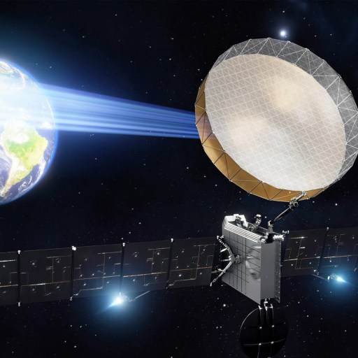 A digital artwork of a satellite with a large golden antenna, transmitting a blue beam towards earth against a starry space background.