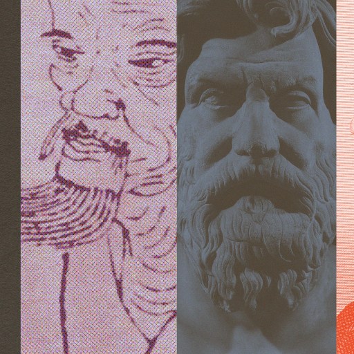 Four-panel collage of historical philosophers in various artistic styles, including a sculpture, a sketch, and two realistic portraits.