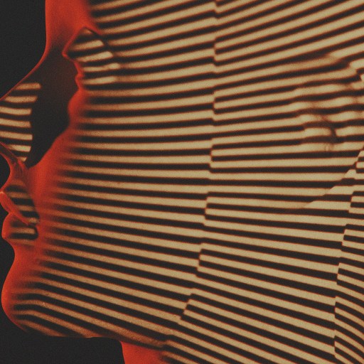 Profile of a person's face with science fiction inspired shadow stripes pattern projected onto it, against a dark background.