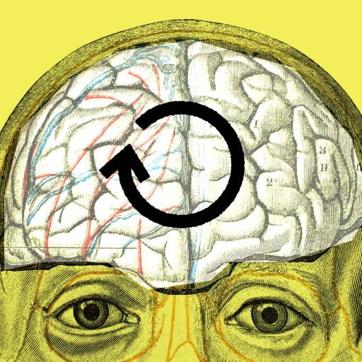Illustration of a human head with a visible brain, featuring a black circular arrow symbol over the brain, on a yellow background.