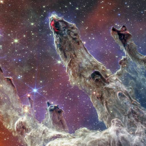 Colorful interstellar gas and dust form towering pillars in a star-forming region of space.