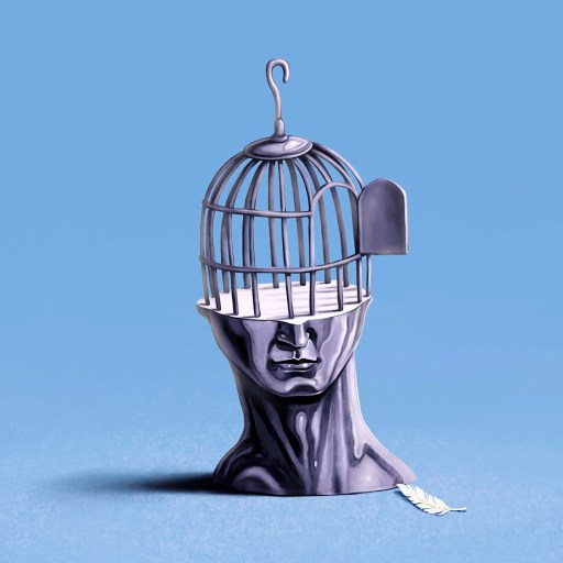A sculpture depicts a human head with the top open like a birdcage. A lone white feather, symbolizing lost motivation, lies on the ground outside the cage on a blue background.