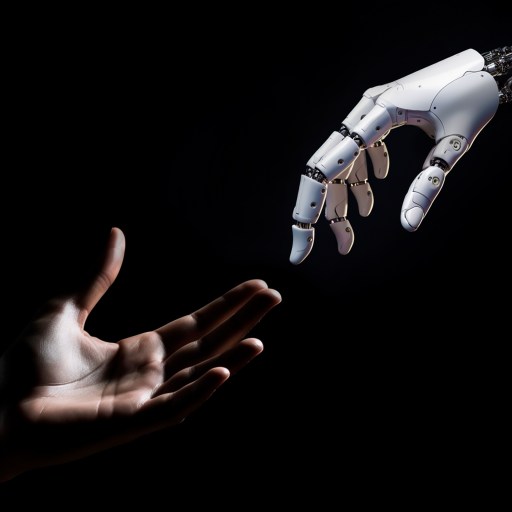A robotic hand and a human hand reach towards each other against a dark background.