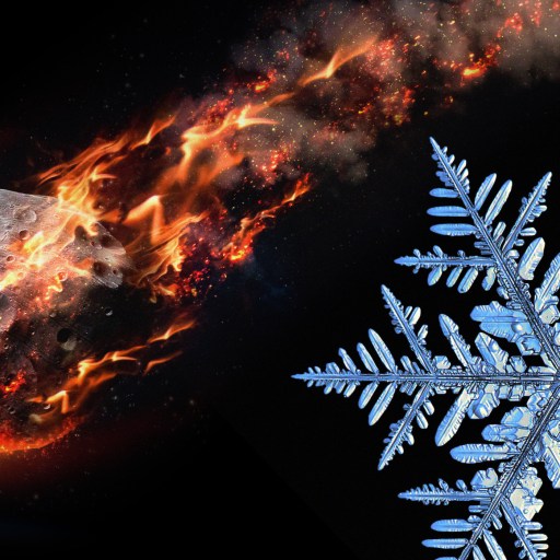 A detailed image contrasting a fiery asteroid on the left with a cool, intricate snowflake on the right against a dark background.