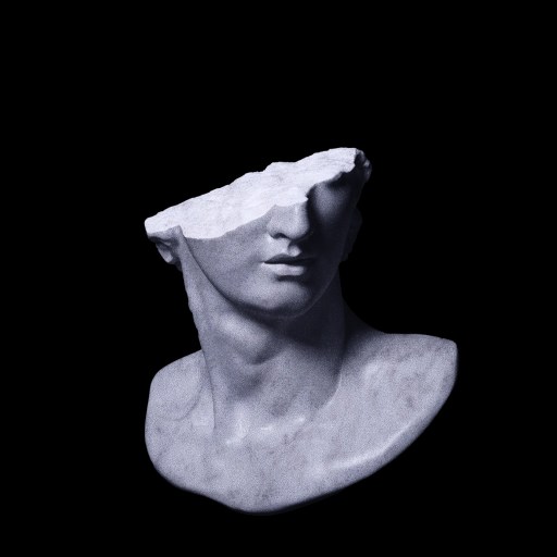 A classical stone bust of a man with a broken top, isolated against a black background.