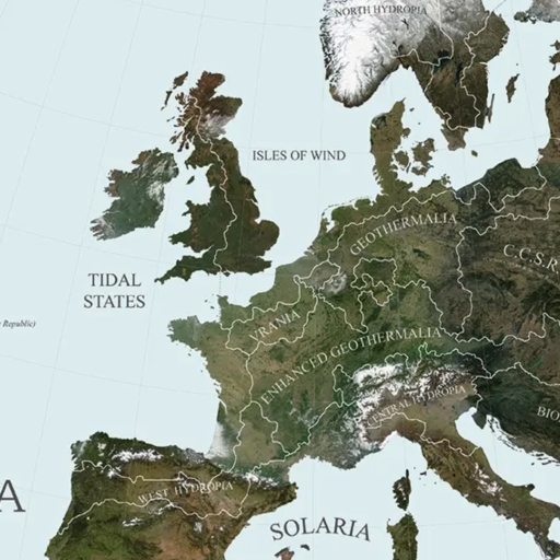 A fictional map of a continent named eneropa, showing various regions like tidal states, ccsr, and solaria with topographical details and a scale.