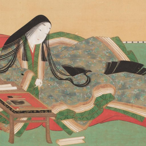 A traditional Japanese painting depicts a woman in a colorful kimono seated on the floor, reading a book beside a small wooden table with scrolls and an ink set.