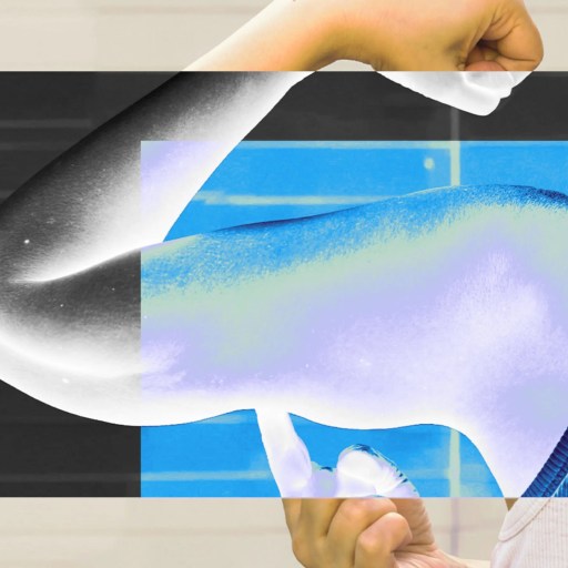 Person flexing arm muscles with a photo-negative effect applied, overlaid with semi-transparent geometric shapes. Person is facing away, showing arm and shoulder. Background is indistinct.