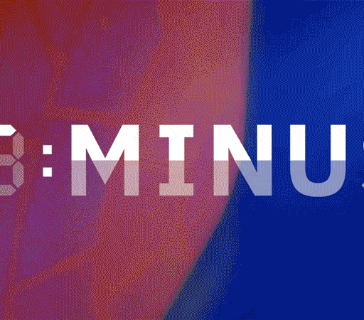 Animated countdown timer at zero with the word "MINUS" appearing after the countdown, displayed over a background transitioning from red to blue.