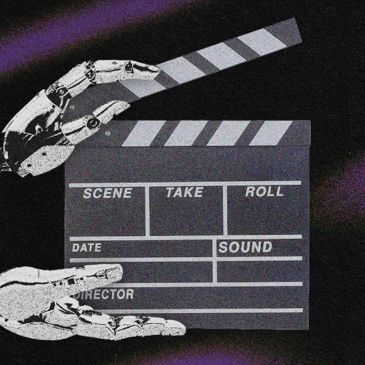 A robotic hand holds a clapperboard, preparing to slate a scene. The background is dark with faint purple streaks.