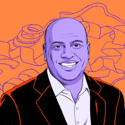 Illustration of a smiling bald man in a suit with a purple complexion against an orange background with ribbon-like shapes.