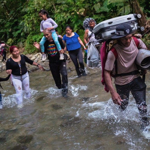 A group of people, including children, wade through a shallow river in the forested area of the Darién Gap. One person carries a suitcase and other luggage on their back.