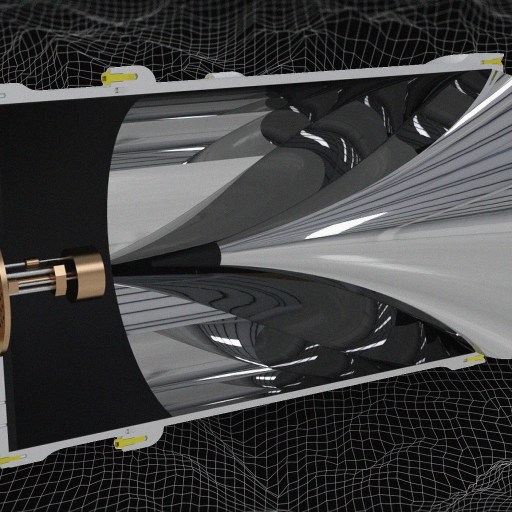 A close-up of a metallic conical structure, set against a dark wireframe background. The structure has reflective surfaces and appears to be part of a scientific or industrial apparatus.