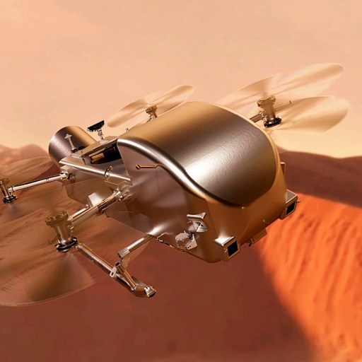 Illustration of a drone exploring over a dusty, red martian landscape with mountains in the background.