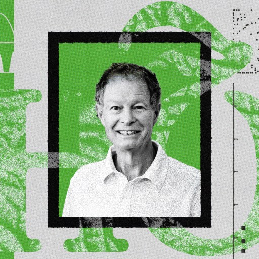 A grayscale photo of a middle-aged man in a white shirt, framed at the center of a green and gray abstract background with various patterns and graphs, embodies the essence of a leadership masterclass.