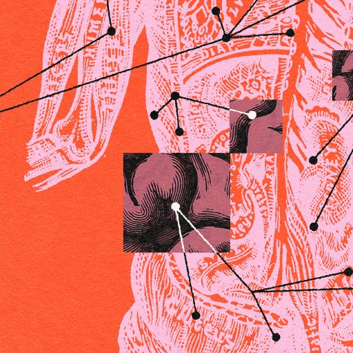 Abstract orange and pink collage with intricate line drawings of human figures and anatomical details, connected by white lines.