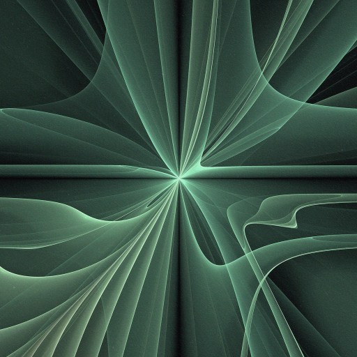 Abstract green fractal design with smooth, curved lines converging at a central point, resembling a flowing, symmetrical pattern against a dark background, inspired by AI physics.