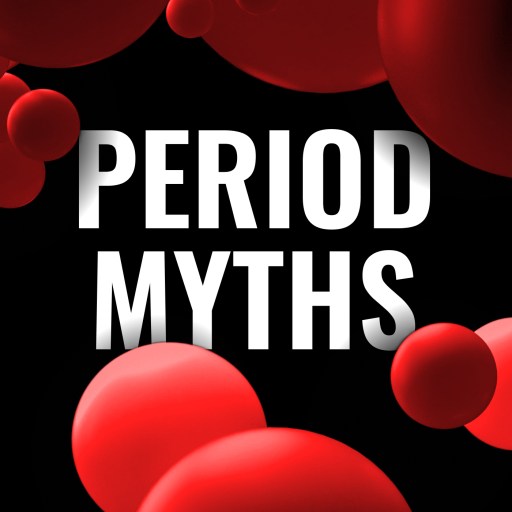 Text 'Period Myths' in bold white letters on a black background, surrounded by various-sized red spheres.