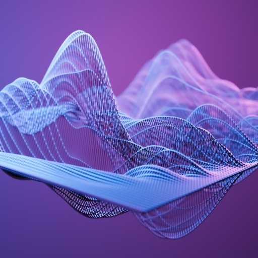 A digital representation of a 3D mesh structure with wavy, interconnected lines on a gradient purple background.