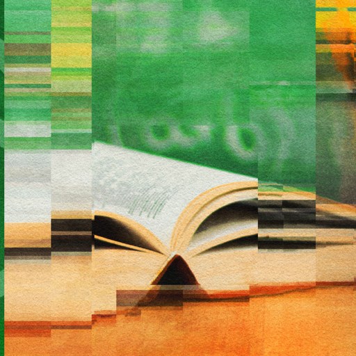 An open book is on a desk alongside stacked books and a pencil holder. The image has been digitally distorted with pixelation and a green overlay featuring a partial logo.