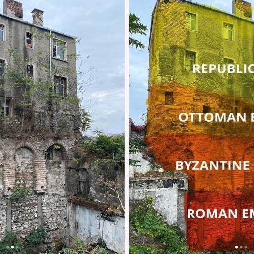 An old building with visible sections from four eras labeled: "REPUBLIC ERA," "OTTOMAN EMPIRE," "BYZANTINE EMPIRE," and "ROMAN EMPIRE" from top to bottom. Left side shows the building; right side shows the labeled eras.