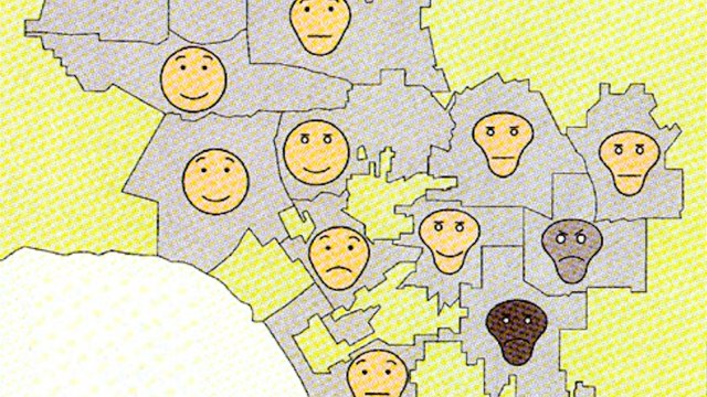 A map with various yellow and brown faces showing different emotions, representing different regions.