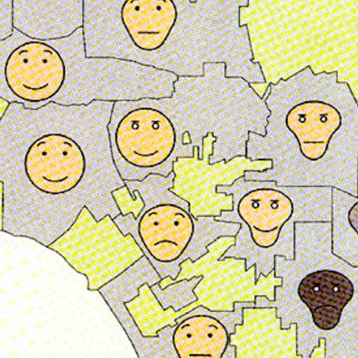 A map with various yellow and brown faces showing different emotions, representing different regions.