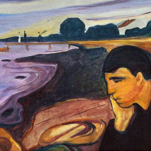 A person with a pensive expression sits on a beach beside a body of water, their gaze reflecting weltschmerz, with an abstract landscape of trees and a boat in the background.