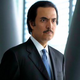 A man in a suit and tie stands indoors against a backdrop of vertical blinds.