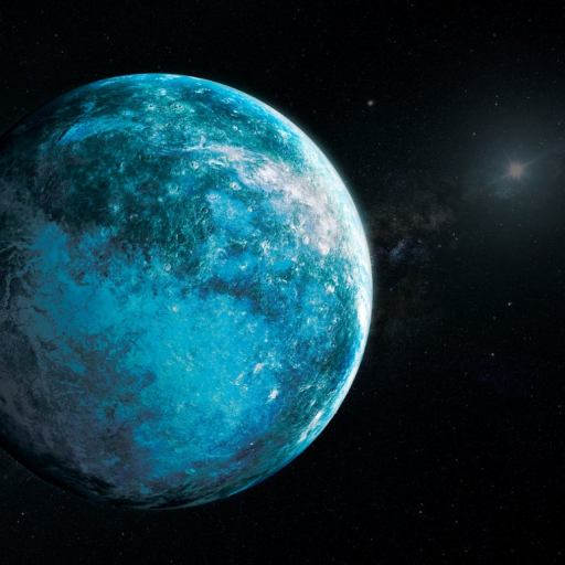 An image of a blue and white planet in space with starry background and a bright star on the right.