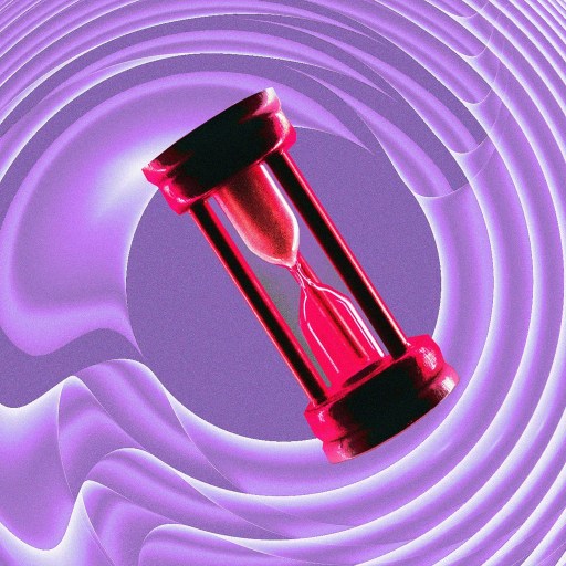 A red hourglass sits against a background of swirling purple patterns.