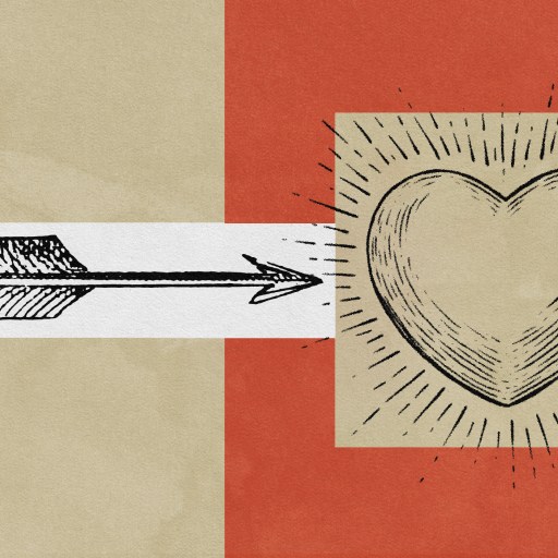 An arrow points towards a glowing heart illustration on a background split into beige and red sections, reminding us to always lead with love.