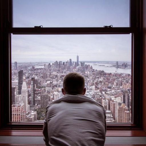 A person in a white shirt looks out a large window at a cityscape with skyscrapers and distant water under a cloudy sky.