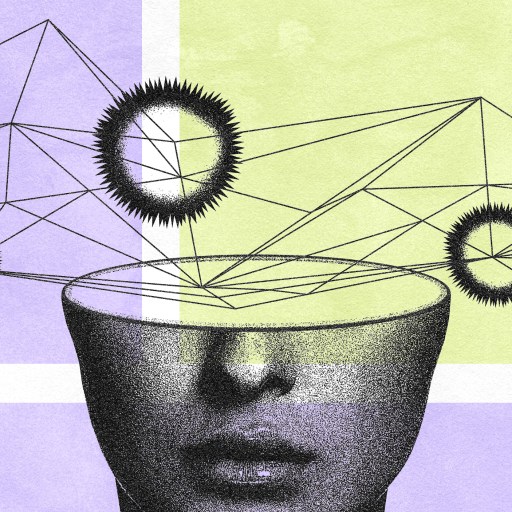 Abstract illustration of a partial human head with geometric shapes and interconnected lines extending from the top.
