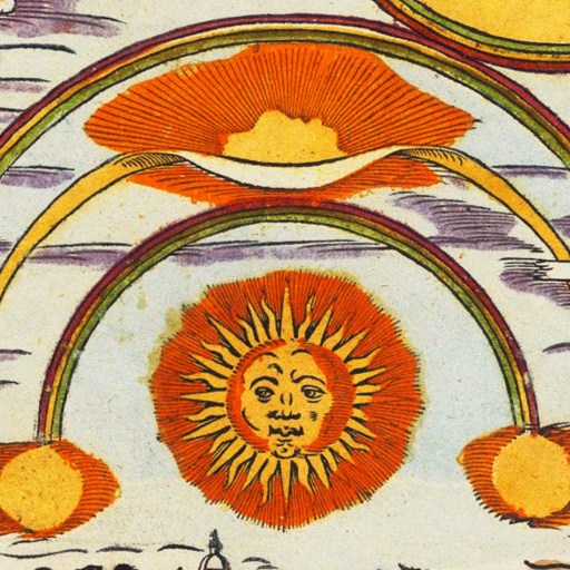 A colorful, vintage illustration of the sun with a face surrounded by 3 rainbow and various clouds.