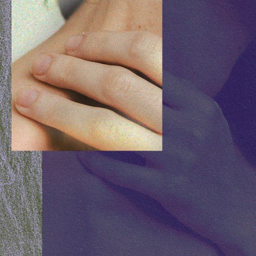 Close-up of a hand touching a neck, set against a background with textured patterns and a large shadow of a hand overlapping the central image.