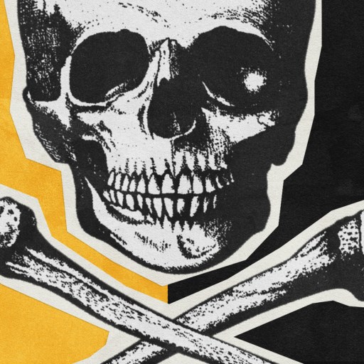 Black and white skull and crossbones illustration on a divided yellow and black background.